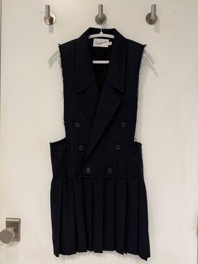 Vaquera navy blue raw edge sleeveless blazer dress with pleated skirt